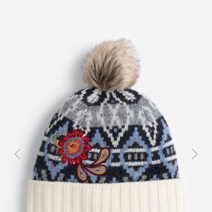 Johnny Was Blue and Gray Knit Hat with Pom Pom
